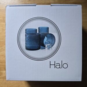 Halo Blue Hobnail Rocks Glasses Set of 4 13.5 oz Cocktail Whiskey NIB
